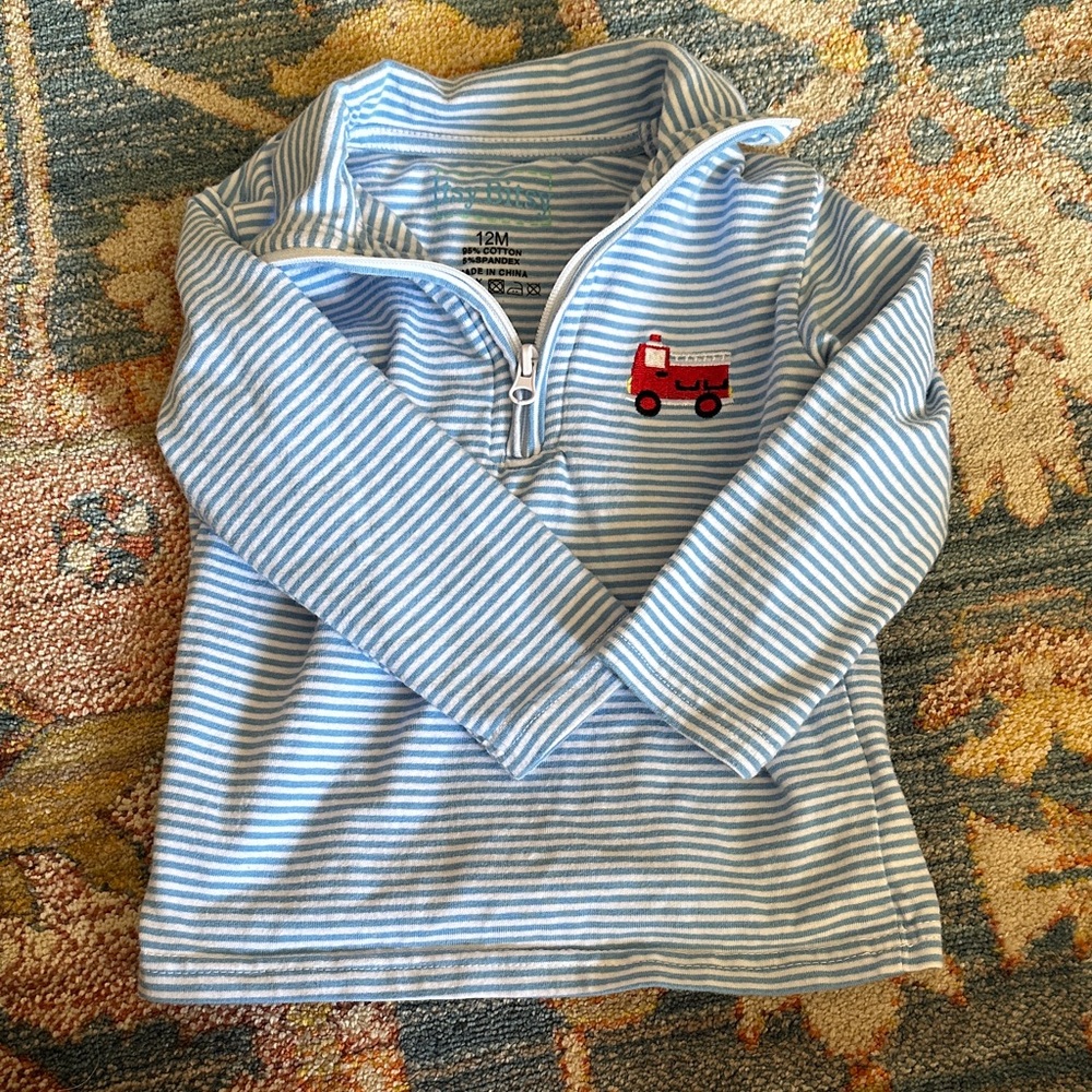 Itsy bitsy Blue Kids Pullover with Fire Truck Embroidery